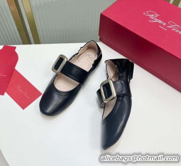 Good Quality Roger Vivier Viv' Choc Metal Buckle Babies Ballerinas in Leather Black 104024