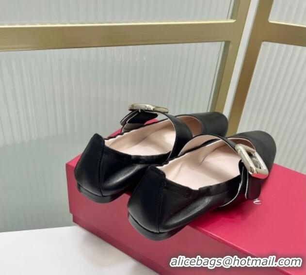 Good Quality Roger Vivier Viv' Choc Metal Buckle Babies Ballerinas in Leather Black 104024