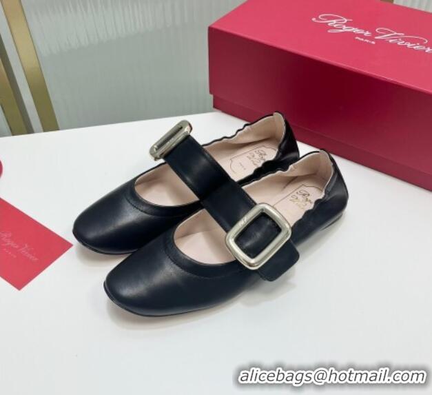 Good Quality Roger Vivier Viv' Choc Metal Buckle Babies Ballerinas in Leather Black 104024