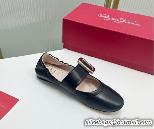 Good Quality Roger Vivier Viv' Choc Metal Buckle Babies Ballerinas in Leather Black 104024