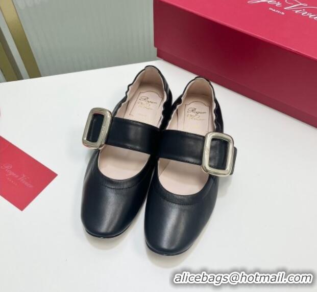 Good Quality Roger Vivier Viv' Choc Metal Buckle Babies Ballerinas in Leather Black 104024