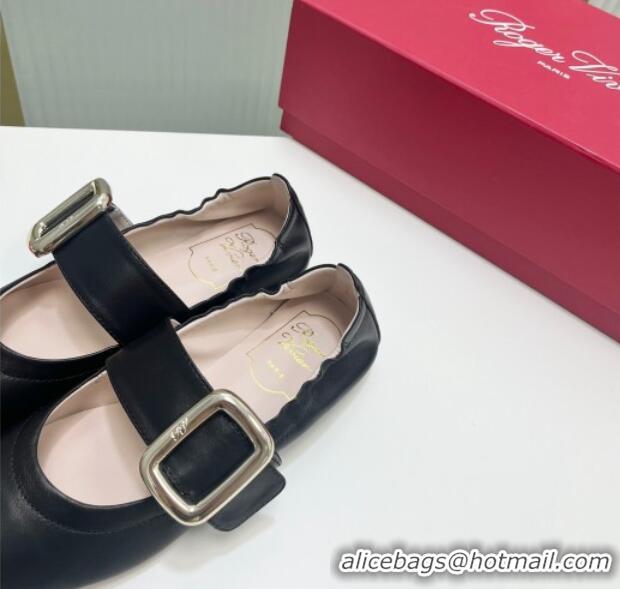 Good Quality Roger Vivier Viv' Choc Metal Buckle Babies Ballerinas in Leather Black 104024