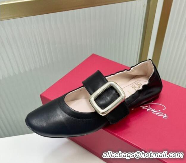 Good Quality Roger Vivier Viv' Choc Metal Buckle Babies Ballerinas in Leather Black 104024