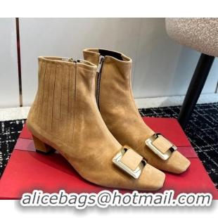 Buy Duplicate Roger Vivier Belle Vivier Metal Buckle Chelsea Ankle Boots 5cm in Suede Brown 104025