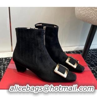 Duplicate Roger Vivier Belle Vivier Metal Buckle Chelsea Ankle Boots 5cm in Suede Black 104026