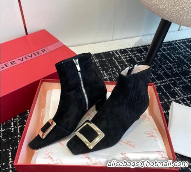 Duplicate Roger Vivier Belle Vivier Metal Buckle Chelsea Ankle Boots 5cm in Suede Black 104026