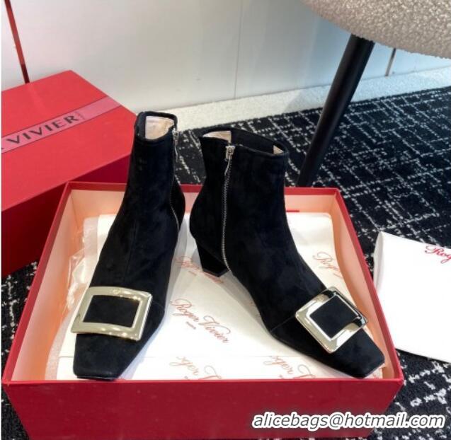 Duplicate Roger Vivier Belle Vivier Metal Buckle Chelsea Ankle Boots 5cm in Suede Black 104026