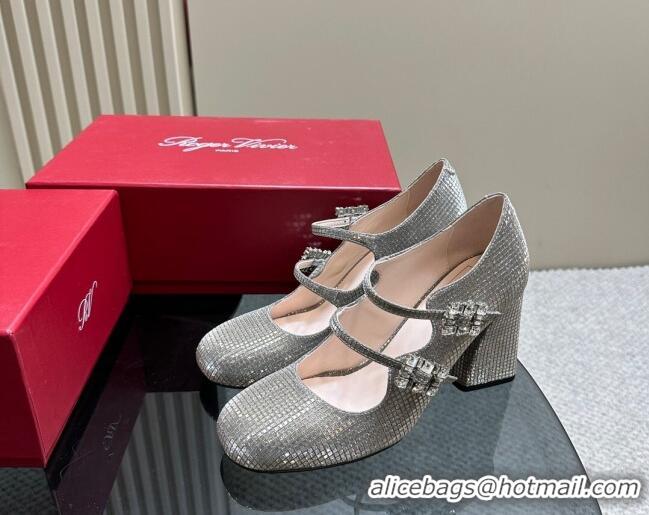 Duplicate Roger Vivier Trés Vivier Strass Buckle Mini Babies Pumps 8cm in Crystals Grey 1121056