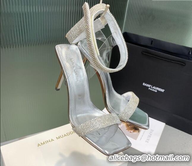 Sophisticated Amina Muaddi Rih High Heel Sandals with Crystal Strap 11cm Silver 926047