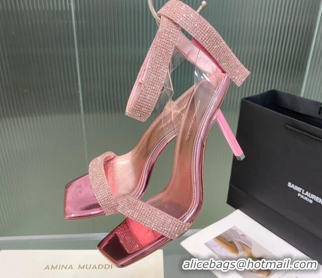 Buy Discount Amina Muaddi Rih High Heel Sandals with Crystal Strap 11cm Pink 926048