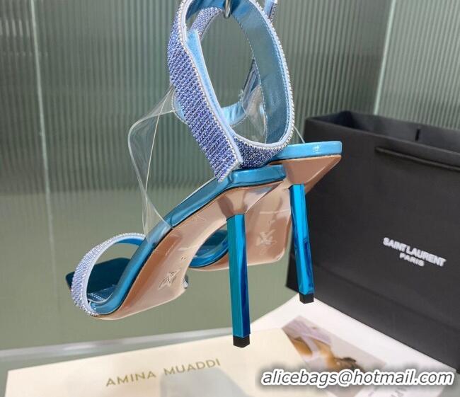 Duplicate Amina Muaddi Rih High Heel Sandals with Crystal Strap 11cm Blue 926049