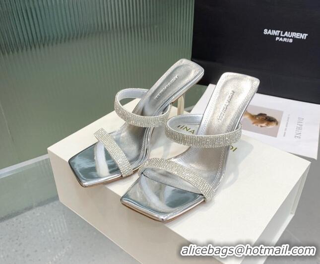 Duplicate Amina Muaddi Rih High Heel Slide Sandals with Crystal 11cm Silver 926052