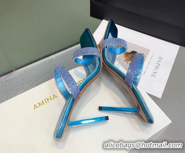 Low Price Amina Muaddi Rih High Heel Slide Sandals with Crystal 11cm Blue 926054