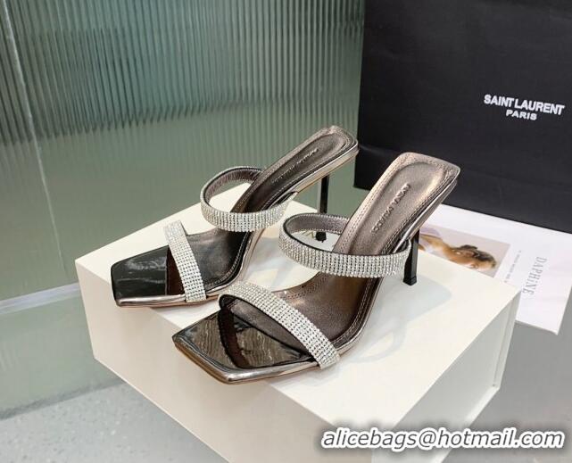 Discount Amina Muaddi Rih High Heel Slide Sandals with Crystal 11cm Grey 926055