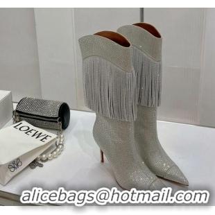 Fashion Amina Muaddi Crystals Allover High Boots 9cm with Tassel White 016099