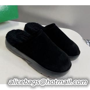 Durable Bottega Veneta Snap Slippers in Suede and Shearling Black 121093