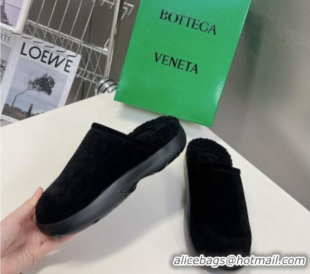 Durable Bottega Veneta Snap Slippers in Suede and Shearling Black 121093