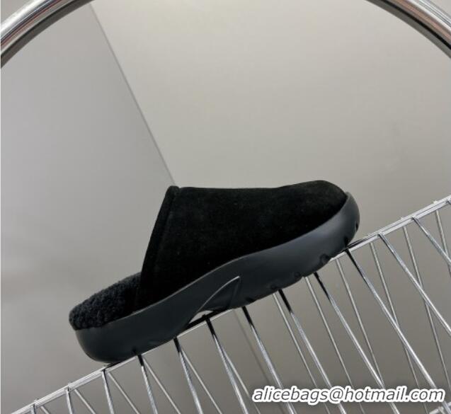 Durable Bottega Veneta Snap Slippers in Suede and Shearling Black 121093