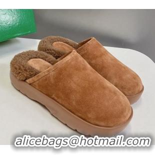 Best Grade Bottega Veneta Snap Slippers in Suede and Shearling Brown 121094