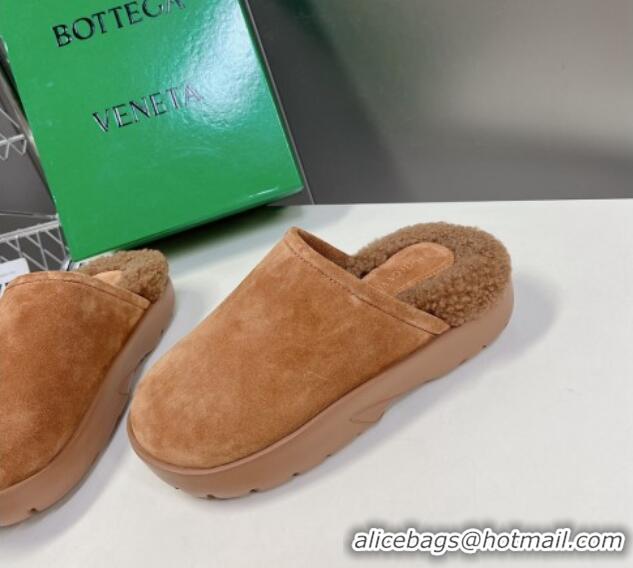 Best Grade Bottega Veneta Snap Slippers in Suede and Shearling Brown 121094