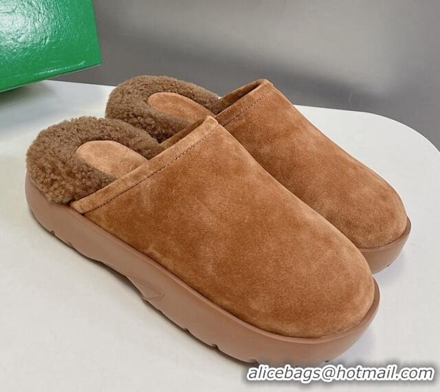 Best Grade Bottega Veneta Snap Slippers in Suede and Shearling Brown 121094