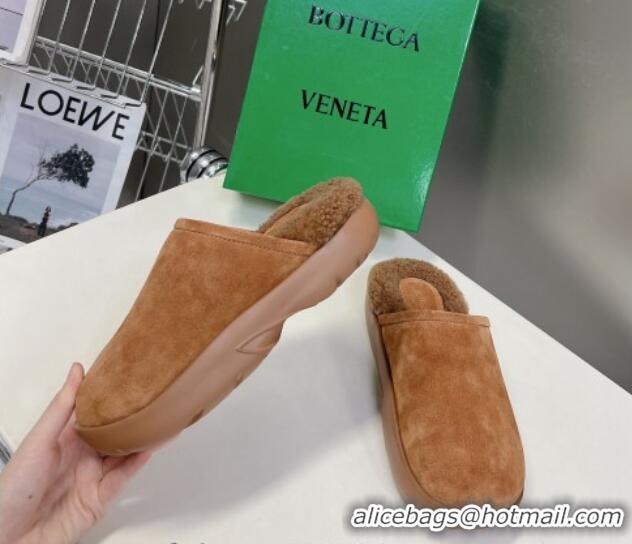 Best Grade Bottega Veneta Snap Slippers in Suede and Shearling Brown 121094