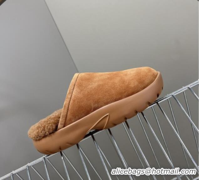 Best Grade Bottega Veneta Snap Slippers in Suede and Shearling Brown 121094