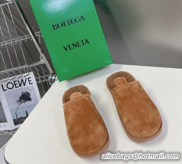 Best Grade Bottega Veneta Snap Slippers in Suede and Shearling Brown 121094