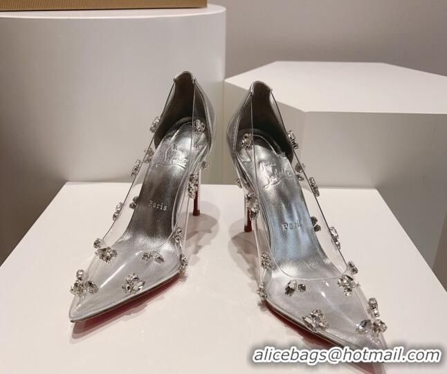 Buy Luxury Christian Louboutin Degraqueen Pumps 10.5cm in Clear PVC and Crystals Silver 013082