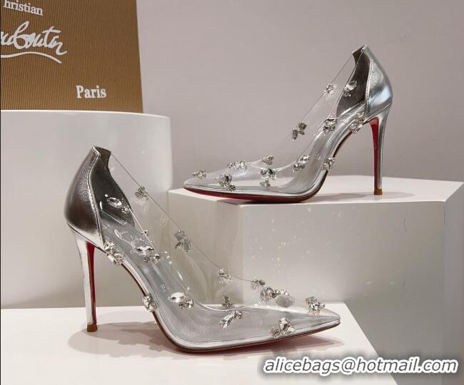 Buy Luxury Christian Louboutin Degraqueen Pumps 10.5cm in Clear PVC and Crystals Silver 013082