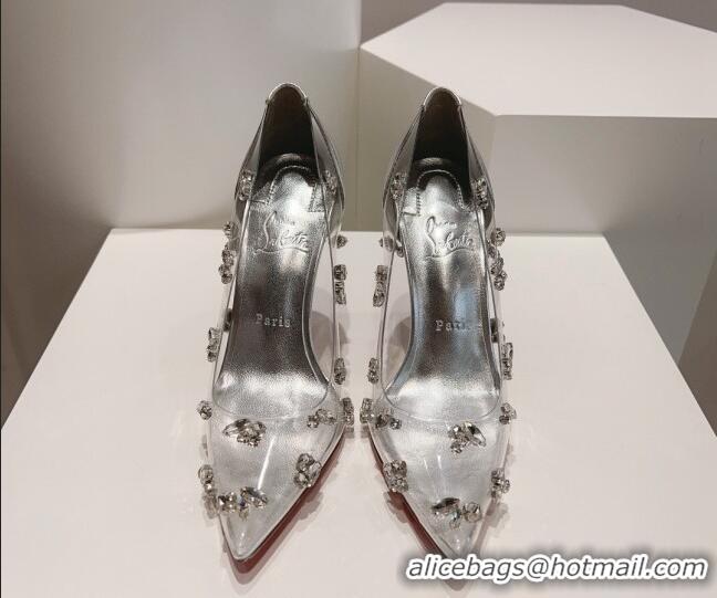 Buy Luxury Christian Louboutin Degraqueen Pumps 10.5cm in Clear PVC and Crystals Silver 013082