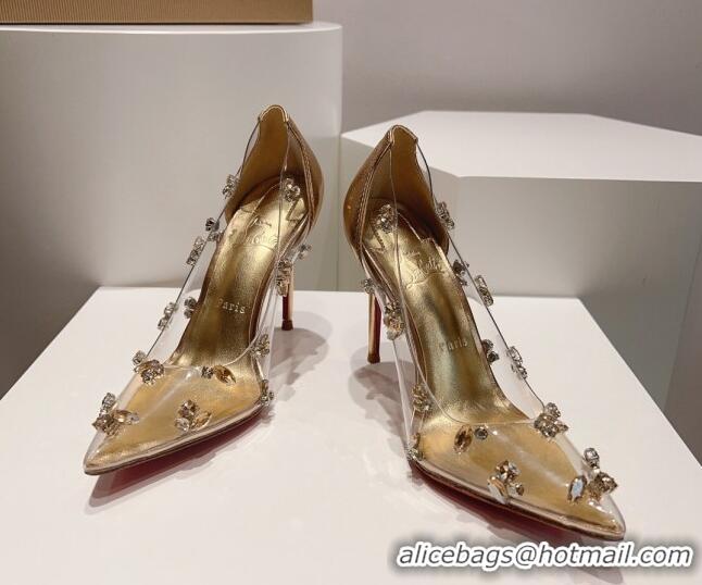 Buy Discount Christian Louboutin Degraqueen Pumps 10.5cm in Clear PVC and Crystals Gold 013083