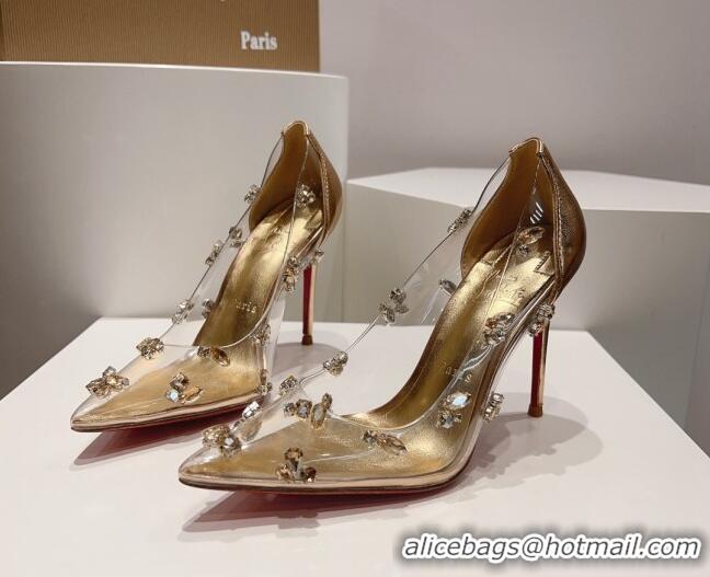 Buy Discount Christian Louboutin Degraqueen Pumps 10.5cm in Clear PVC and Crystals Gold 013083