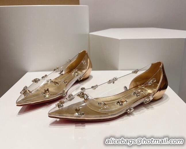 Sumptuous Christian Louboutin Degraqueen Flat Ballet in Clear PVC and Crystals Gold 013085