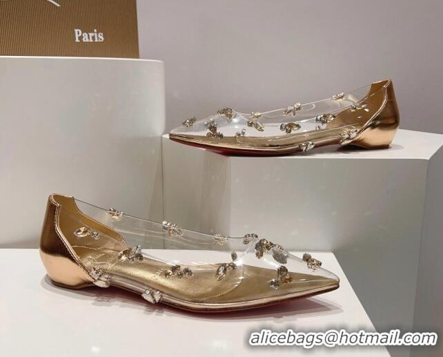 Sumptuous Christian Louboutin Degraqueen Flat Ballet in Clear PVC and Crystals Gold 013085