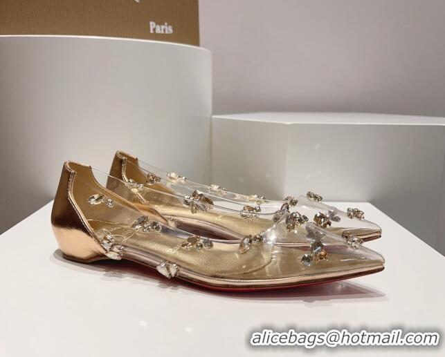 Sumptuous Christian Louboutin Degraqueen Flat Ballet in Clear PVC and Crystals Gold 013085