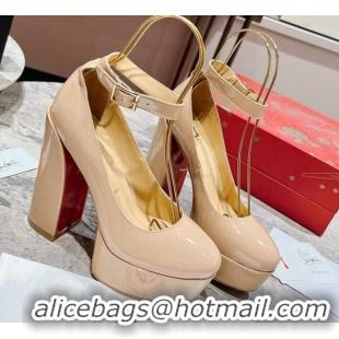 Classic Hot Christian Louboutin Movidastrap Platform High Heel Pumps 13cm in Patent Leather Nude 014010