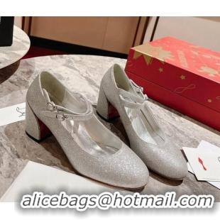 Good Quality Christian Louboutin Movida Jane Glitter Mary Janes Pumps 5.5cm Silver 1014014