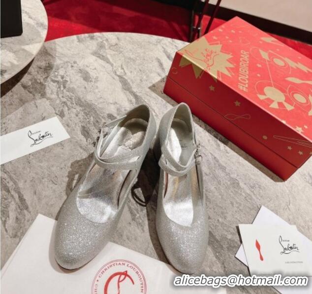 Good Quality Christian Louboutin Movida Jane Glitter Mary Janes Pumps 5.5cm Silver 1014014