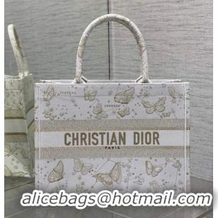 Buy Fashionable MEDIUM DIOR BOOK TOTE Gold-Tone and White Butterfly Zodiac Embroidery M1296ZESU