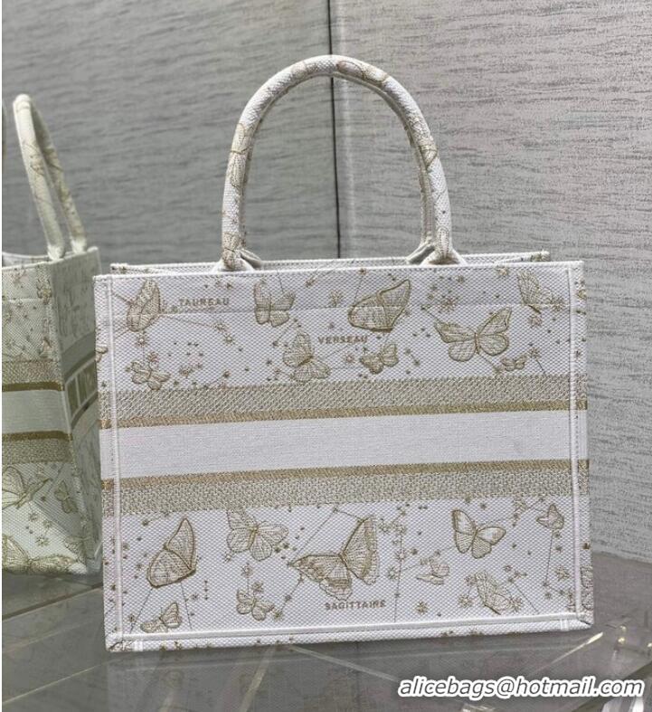 Buy Fashionable MEDIUM DIOR BOOK TOTE Gold-Tone and White Butterfly Zodiac Embroidery M1296ZESU