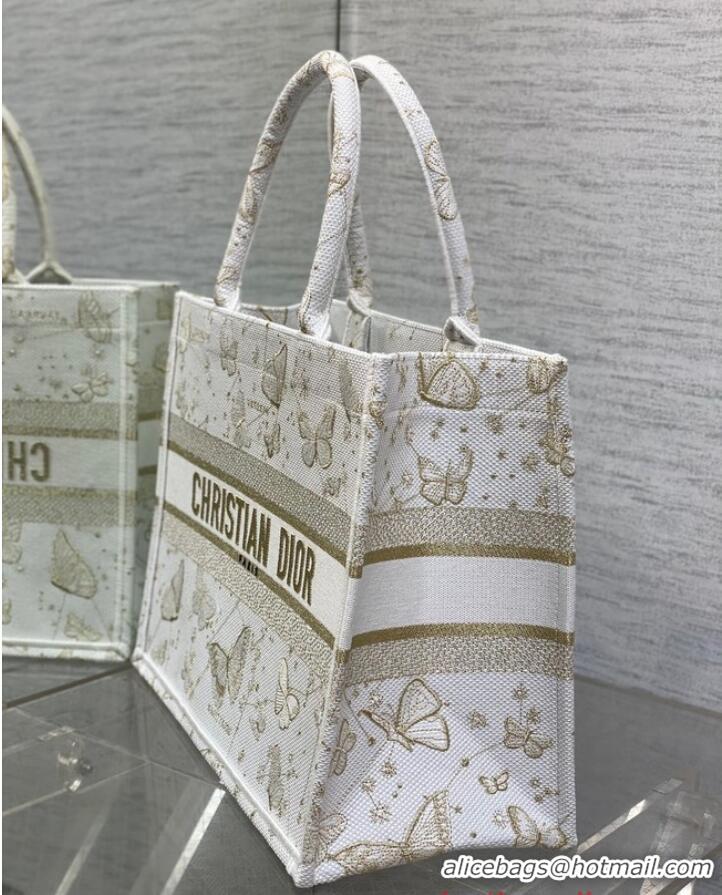 Buy Fashionable MEDIUM DIOR BOOK TOTE Gold-Tone and White Butterfly Zodiac Embroidery M1296ZESU