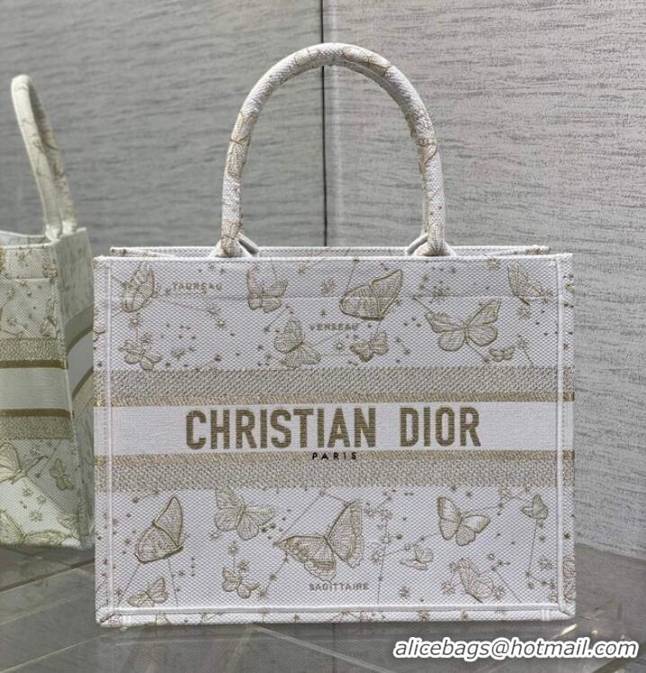 Buy Fashionable MEDIUM DIOR BOOK TOTE Gold-Tone and White Butterfly Zodiac Embroidery M1296ZESU