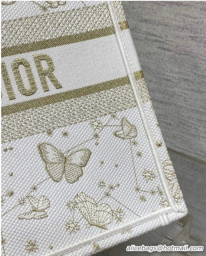 Buy Fashionable MEDIUM DIOR BOOK TOTE Gold-Tone and White Butterfly Zodiac Embroidery M1296ZESU