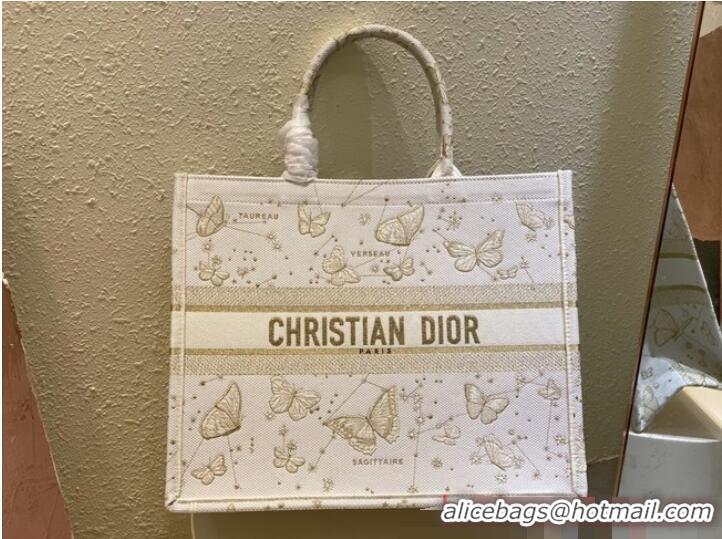 Promotional LARGE DIOR BOOK TOTE Gold-Tone and White Butterfly Zodiac Embroidery M1286ZT