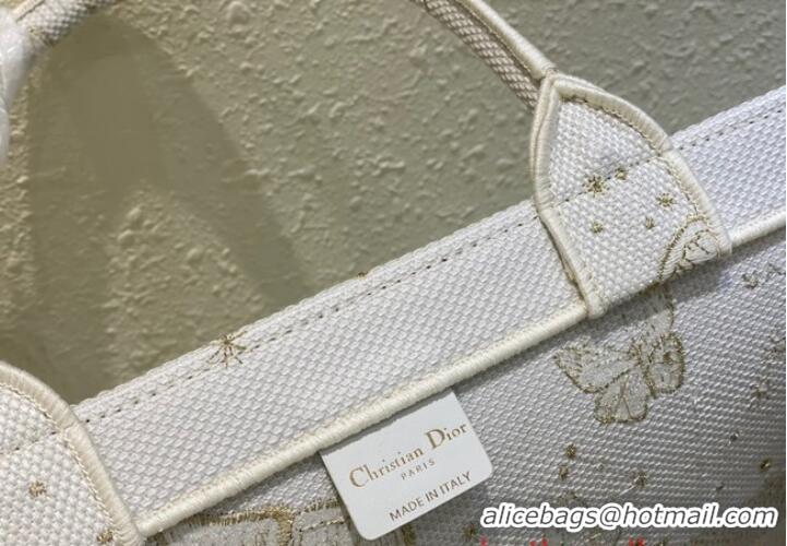 Promotional LARGE DIOR BOOK TOTE Gold-Tone and White Butterfly Zodiac Embroidery M1286ZT