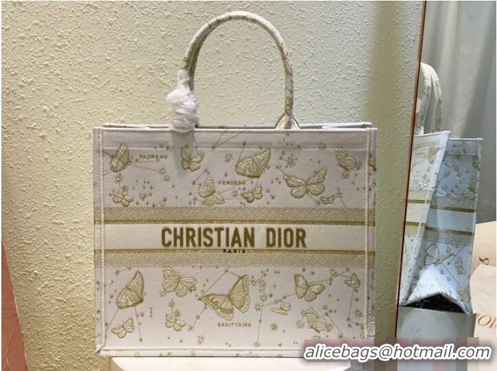 Promotional LARGE DIOR BOOK TOTE Gold-Tone and White Butterfly Zodiac Embroidery M1286ZT