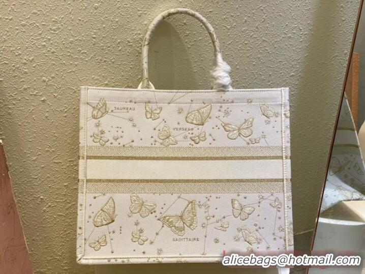 Promotional LARGE DIOR BOOK TOTE Gold-Tone and White Butterfly Zodiac Embroidery M1286ZT