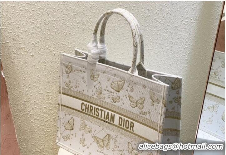 Promotional LARGE DIOR BOOK TOTE Gold-Tone and White Butterfly Zodiac Embroidery M1286ZT