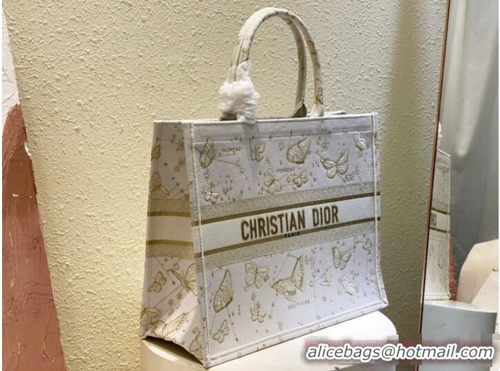 Promotional LARGE DIOR BOOK TOTE Gold-Tone and White Butterfly Zodiac Embroidery M1286ZT